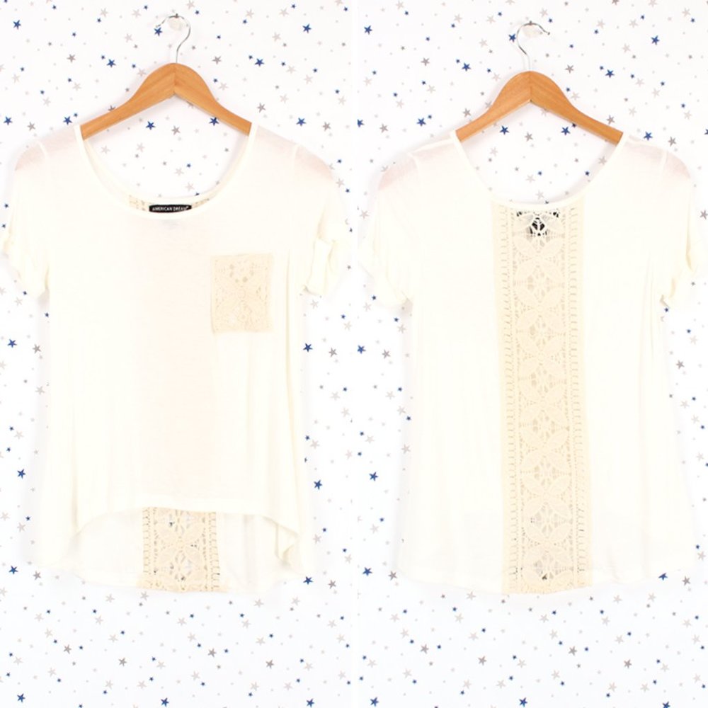 Short Sleeve Crochet Lace Detail Tee Ivory Cream